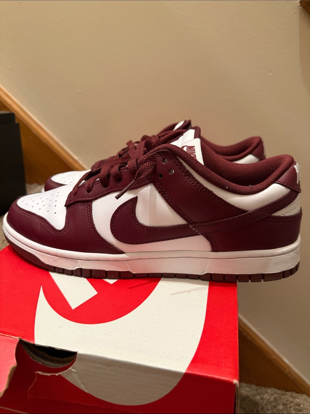 Nike Dunk Low White and Maroon/ Burgundy Sneakers
